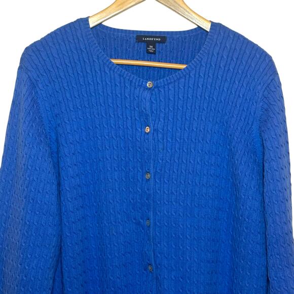 Lands End Plus Size 3X 100% Supima Cotton Royal Blue Cable Knit Cardigan Sweater - Picture 3 of 8